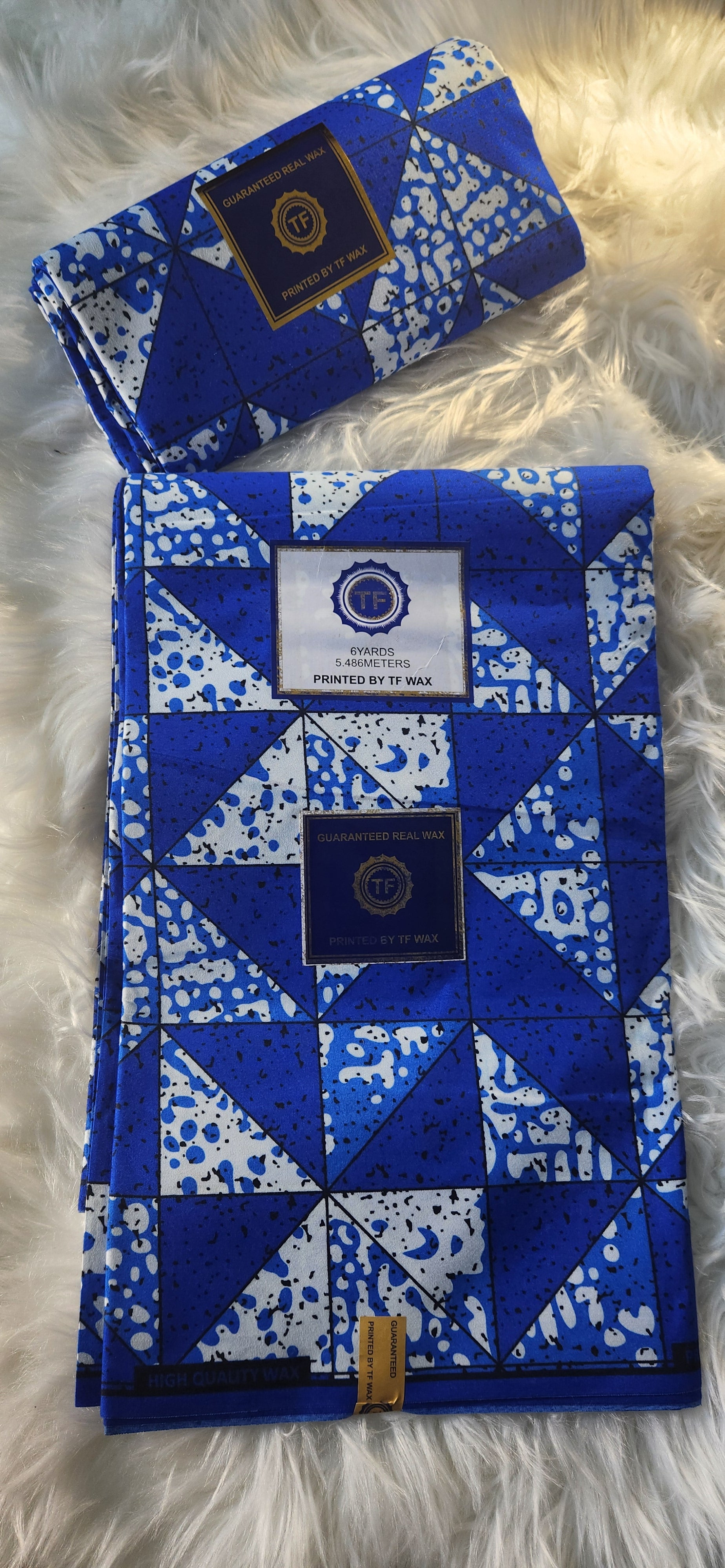 Luxurious Blue & White Geometric Print African Ankara Wax Fabric - 6 Yards