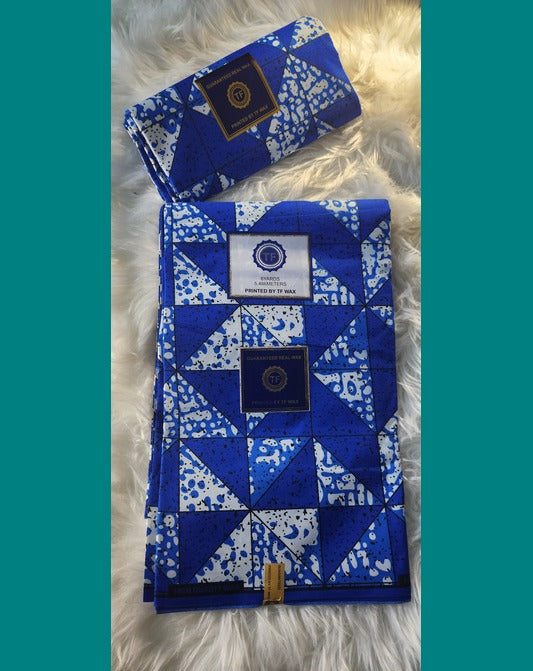 Luxurious Blue & White Geometric Print African Ankara Wax Fabric - 6 Yards