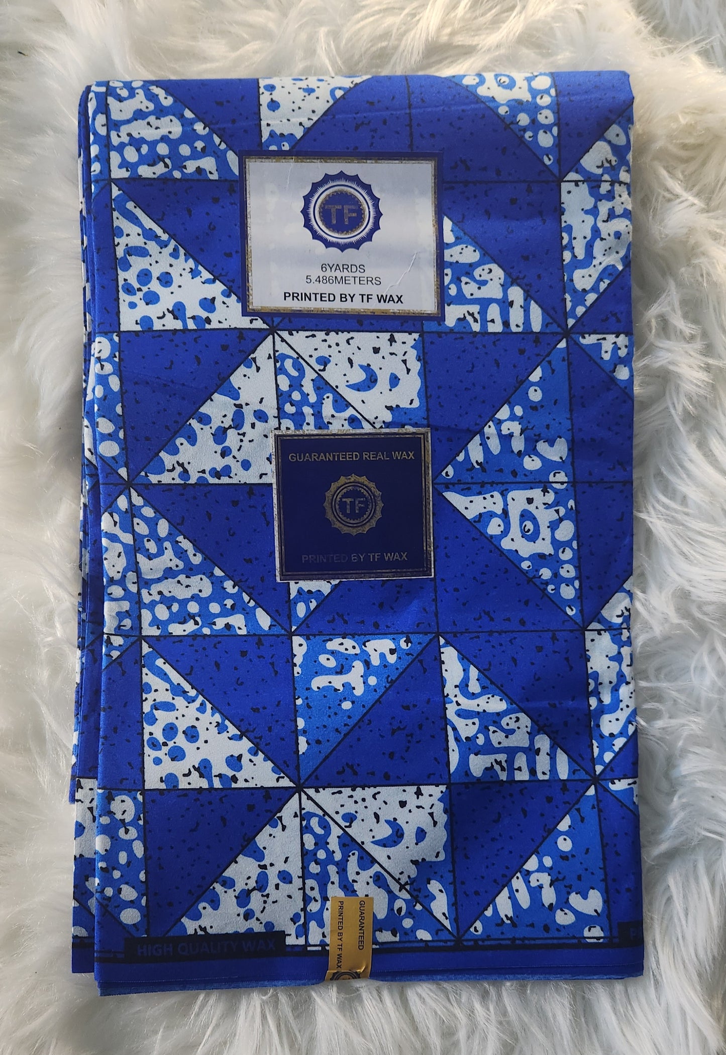 Luxurious Blue & White Geometric Print African Ankara Wax Fabric - 6 Yards